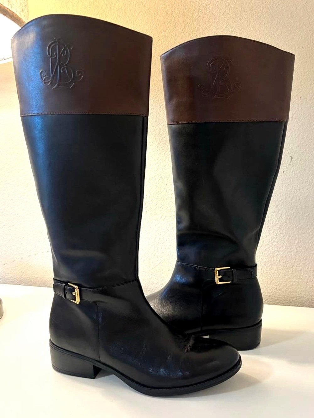 Lauren Ralph Lauren Madisen Riding Boots 8B Black Brown Equestrian Old Money Log